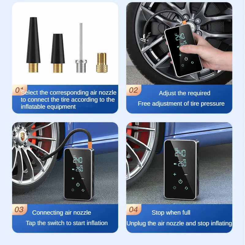 Wireless Air Pump 150psi – Touch Screen Portable Electric Tire Inflator for Car, Bicycle, Motorcycle, Mini Air Compressor