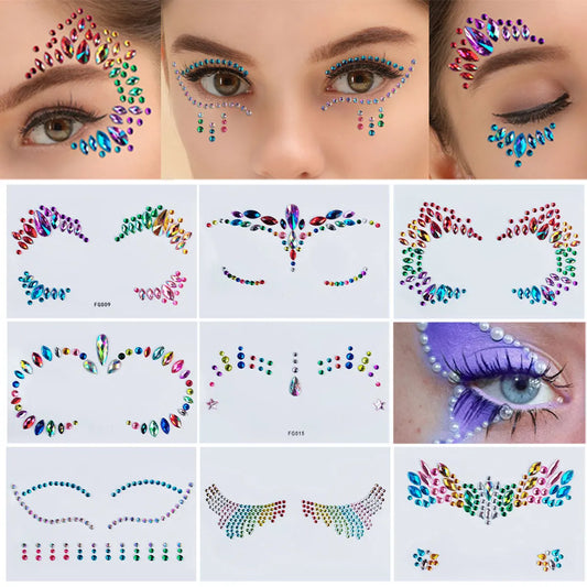 Disposable Temporary Tattoo Stickers: Colored Crystal Diamonds Facial Jewelry for DIY Eyes, Face, Body - Waterproof Makeup Decorative Rhinestones