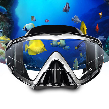 Adult Pano Scuba Diving Mask – 3 Panels Tempered Glass Snorkeling Mask with Nose Cover for Premium Swim Goggles