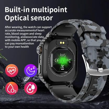 Rugged Military Smart Watch – IP68 Waterproof, 2.01'' HD Display, Bluetooth & Voice Features, Compatible with Android, iOS, Xiaomi