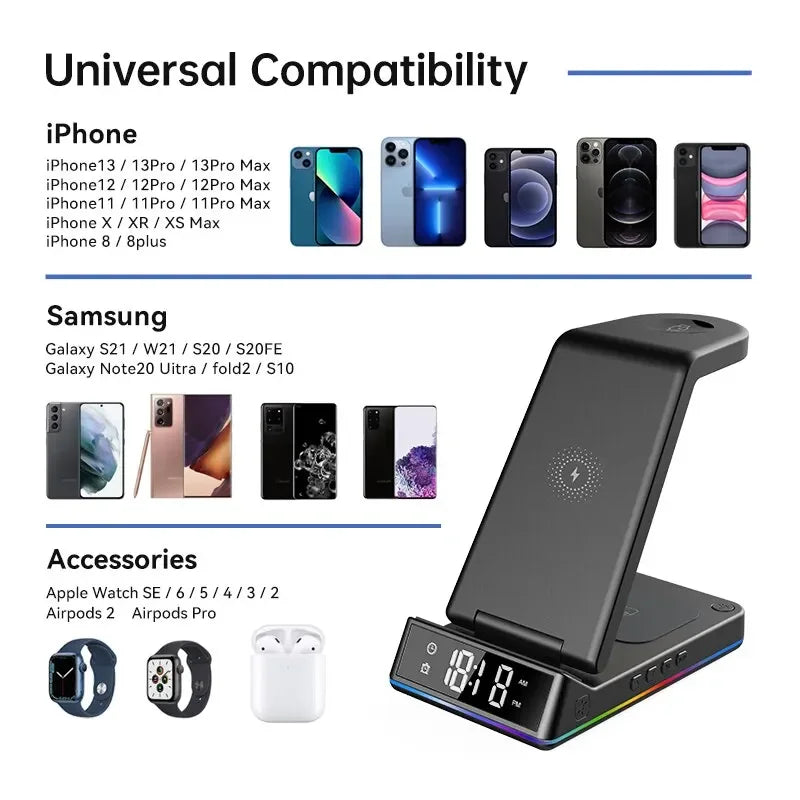 5 in 1 Foldable Wireless Charger Stand 15W with RGB LED Clock - Fast Charging Station Dock for iPhone, Samsung Galaxy, Watch 6/5, S23, S22