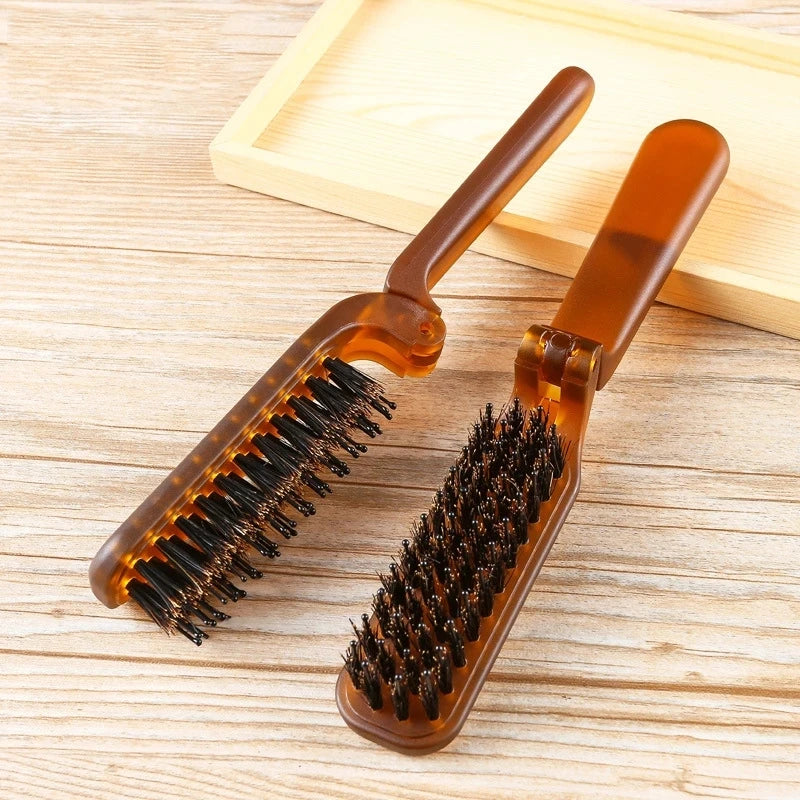 Foldable Boar Bristle Hair Comb - Portable Hair Brush & Head Massager - Travel Combs for Styling - Hair Styling Accessories