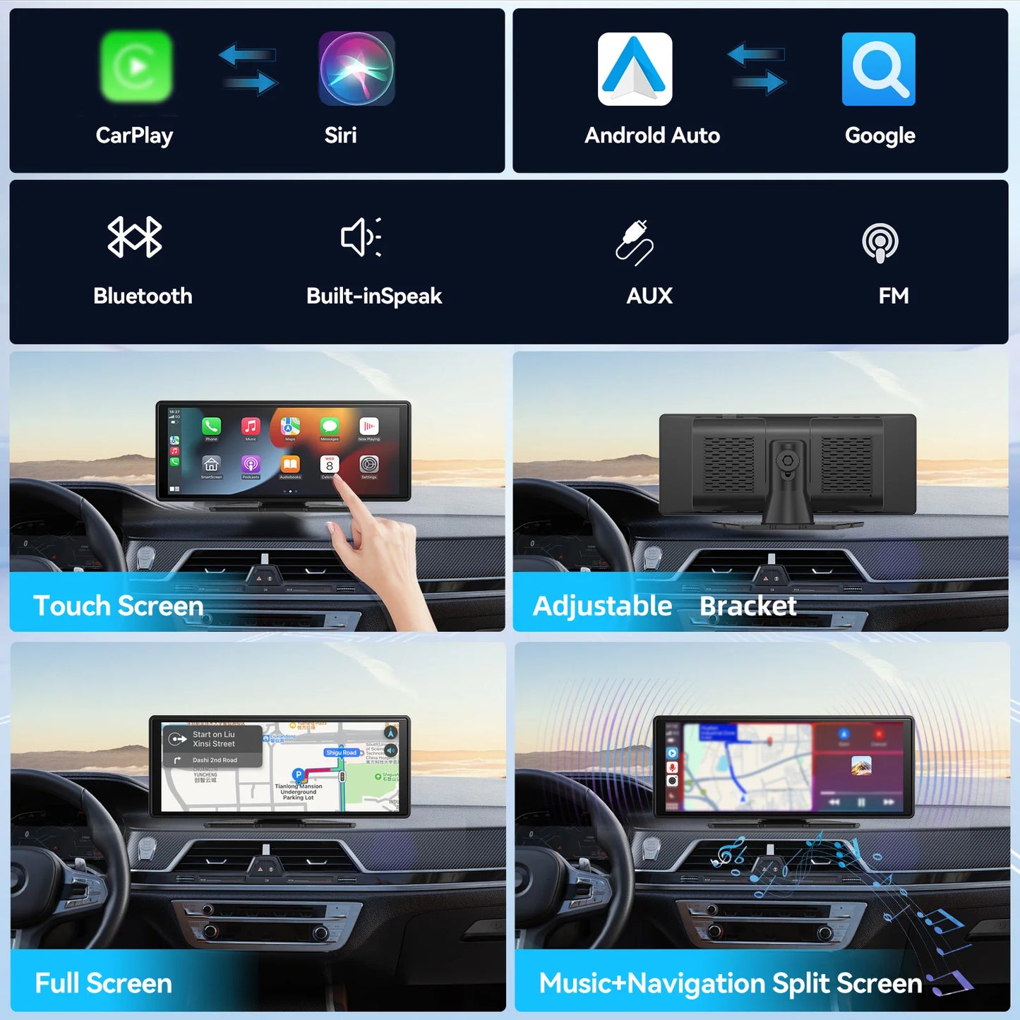 Universal Portable CarPlay Screen - Wireless Car Stereo with Android Auto, Car Touchscreen for All Cars