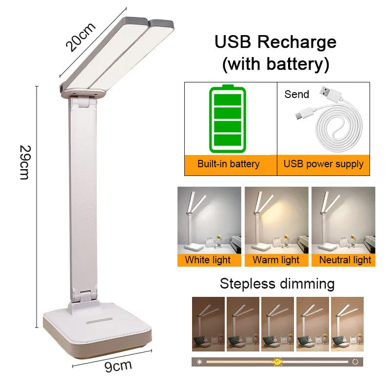 LED Desk Lamp: 3 Levels Dimmable Touch Night Light - USB Rechargeable, Foldable for Bedroom Bedside Desk