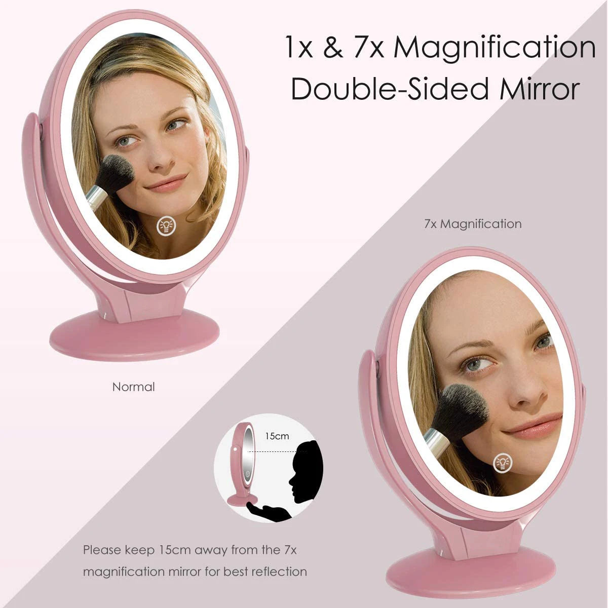 Double-Sided 1X/7X Magnifying LED Makeup Mirror with Light - USB Rechargeable, 360° Rotating Freestanding Design