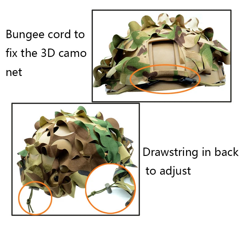 3D Camo Net Airsoft Helmet Cover - Laser Cut Nylon with Drawstring, CS Wargame Paintball Paratrooper Hunting Accessories