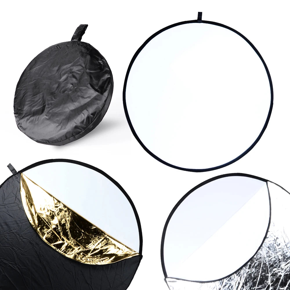 RF01 24" 5in1 Reflector: Portable Collapsible Soft Light Round Photography for Studio - Silver White Gold, 30CM-110CM, 2in1 Design