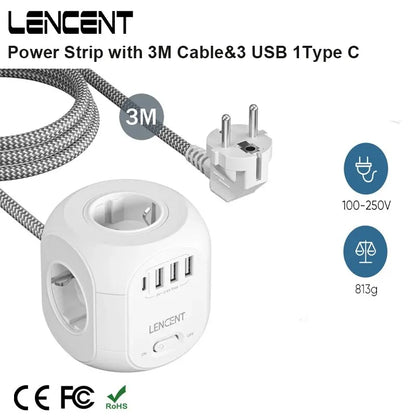 LENCENT 4-Outlet EU Plug Power Strip Cube: 3 USB Ports, 1 Type C, 3M Braided Cable - Multi-Socket with Switch for Home Convenience