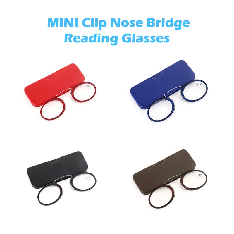 Stick-On Phone Mini Clip Nose Bridge Reading Glasses: Ultra-Thin Portable Presbyopic Glasses with Case, 100-350 Magnification