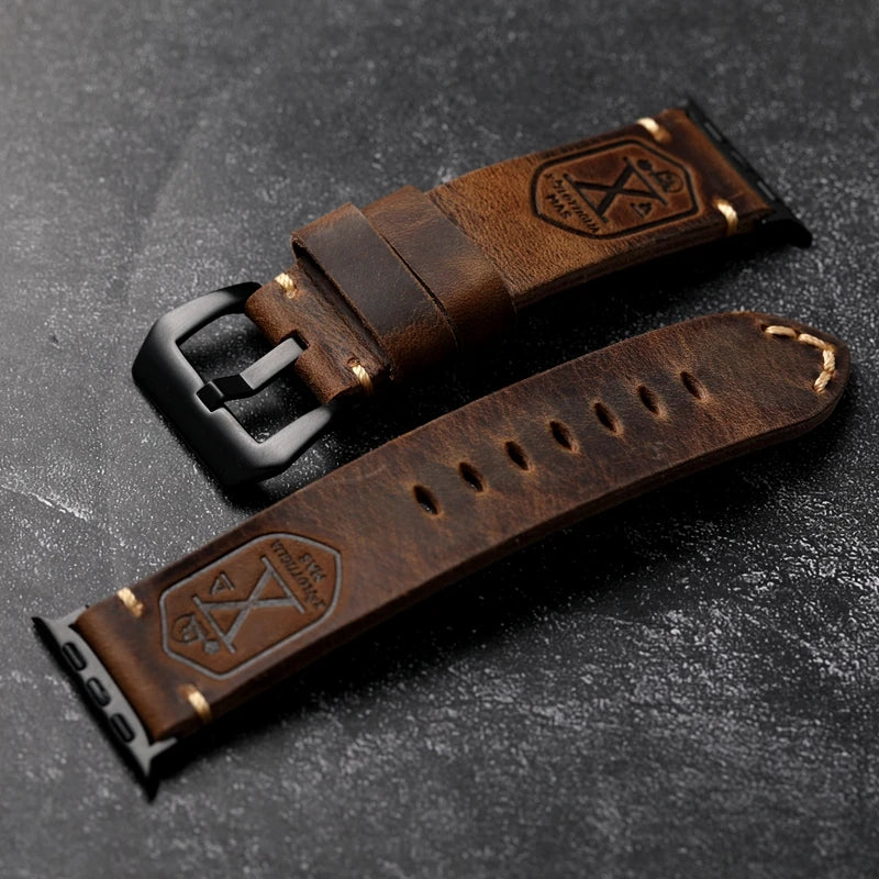 Handmade Vintage Crazy Horse Leather Bracelet – 40MM, 44MM, 45MM, 49MM, Fits Apple Watch S8 Ultra, Folded Thick Brown Strap