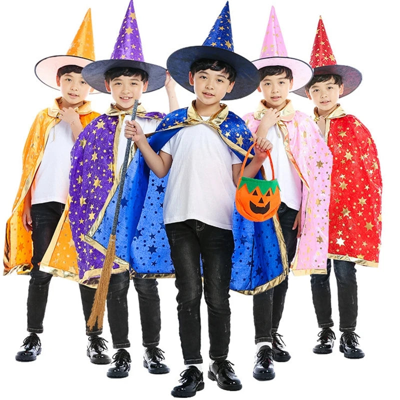 2pcs Kids Halloween Witch Hats and Cape Set - Perfect for Masquerade, Cosplay, and Halloween Party Costumes