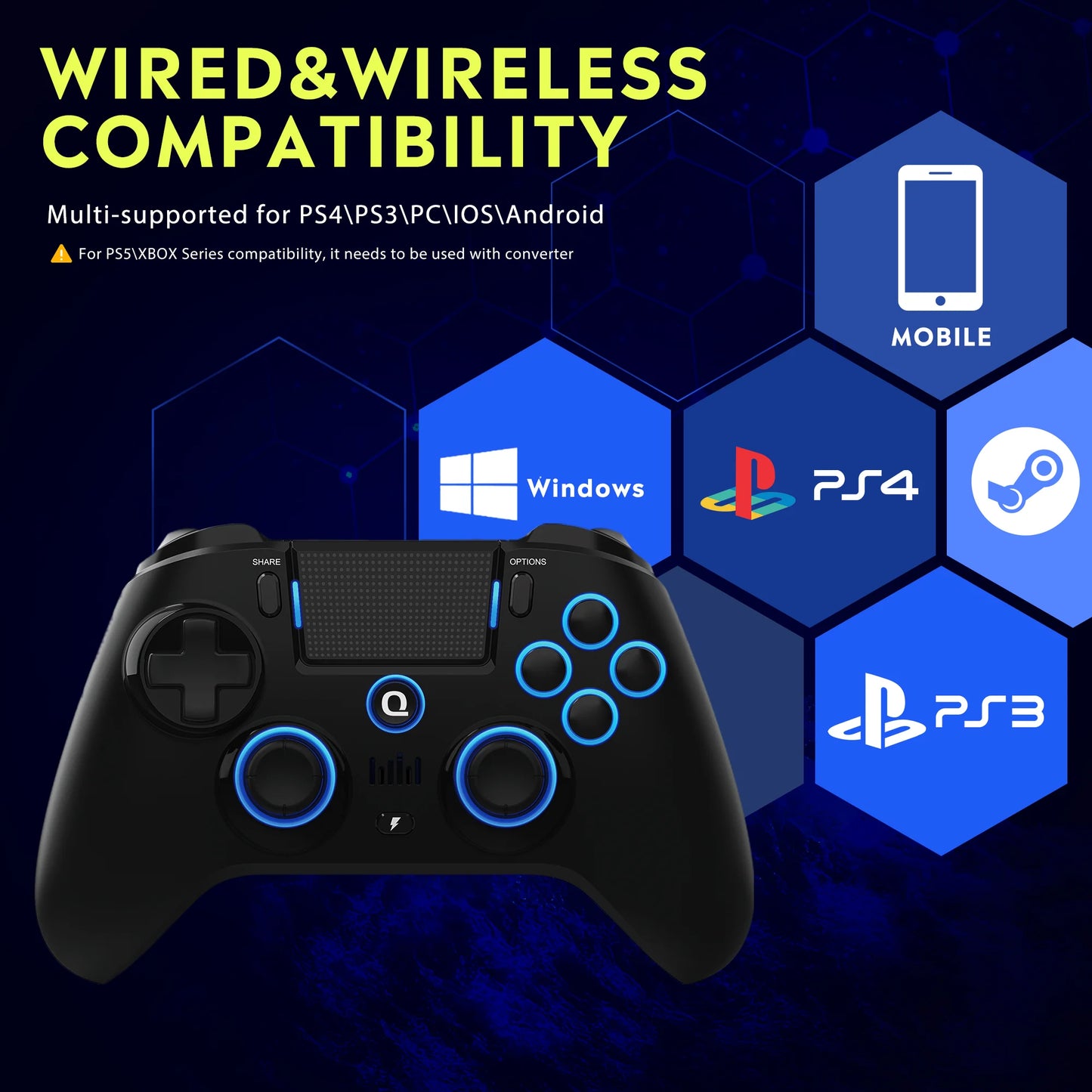 QRD Spark N5 Wireless Controller – Compatible with PS4, PS3, PS2, iOS, Android, PC | Hall Effect Gamepad with 9-Color LED Lights and Vibration Effect