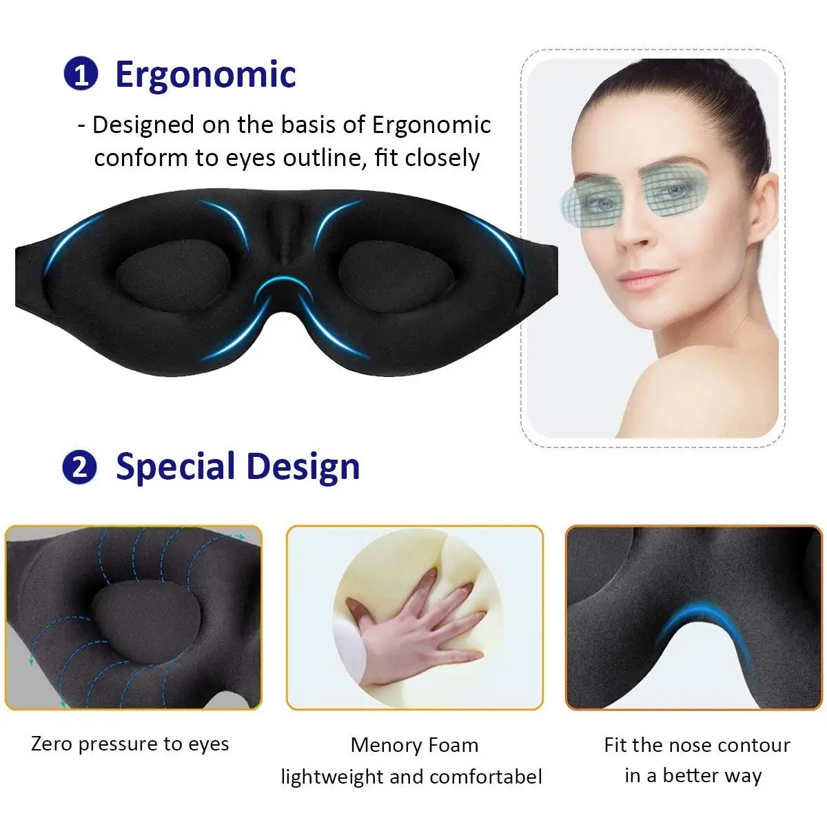 3D Contoured Eye Mask for Sleeping – Cup Blindfold, Concave Molded Night Sleep Mask, Light Blocking for Women & Men