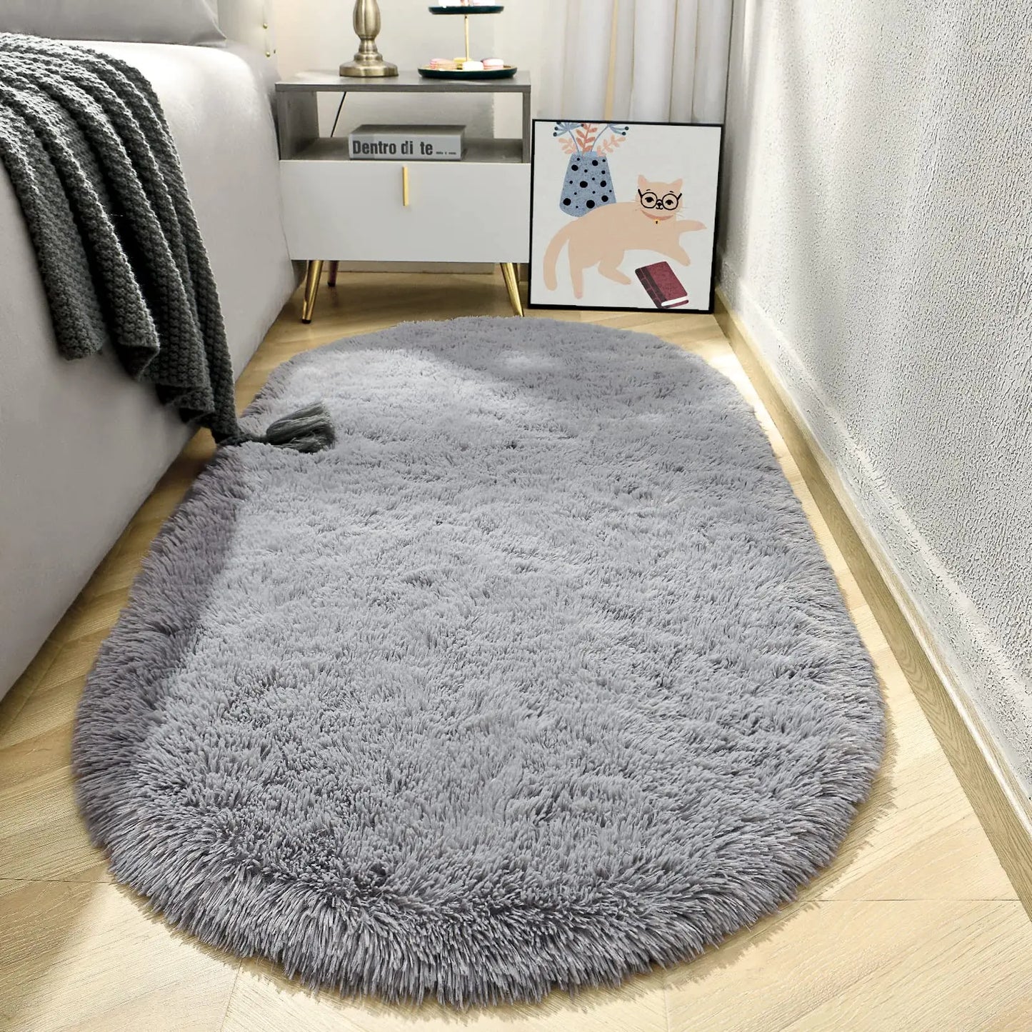 Luxury Grey Oval Shaggy Rug - Soft, Thick Plush Carpet for Living Room, Bedroom, and Nursery - Ideal Sofa Area and Bedside Mat for Kids Room