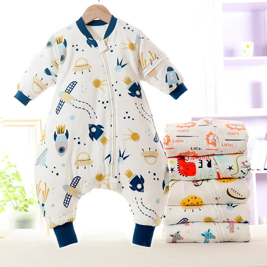 Baby Cartoon Split-Legged Sleepsack with Detachable Sleeves - Thickened Sleeping Bag for Boys and Girls, Autumn and Winter