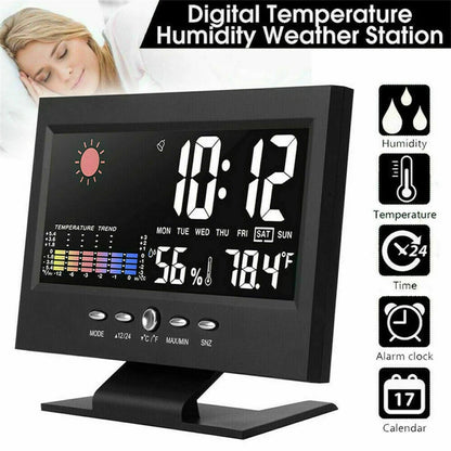 5 in 1 LED Digital Alarm Clock - Calendar, Weather Display, Thermometer, Humidity Monitor with Snooze Functions