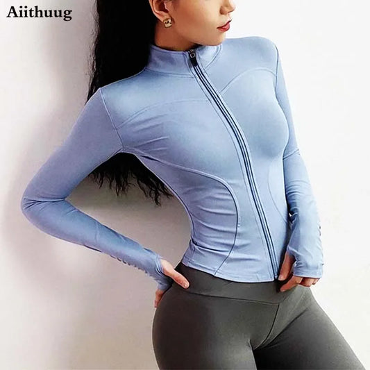 Performance & Style: Aiithuug Women's Full Zip-up Yoga Sports Jacket - Slim Fit Lightweight with Thumb Holes for Workout and Running