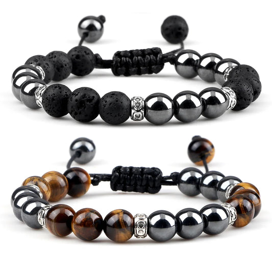 Classic Hematite Bead Bracelet - 8mm Natural Tiger Eye and Lava Stone, Handmade Jewelry for Men and Women, Friendship Gift