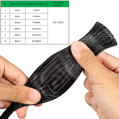 10M Black Insulated Braid Sleeving - PET Wire Cable Protection Sleeve, Flame-Retardant Nylon Tube - 4-30mm Tight Cable Gland