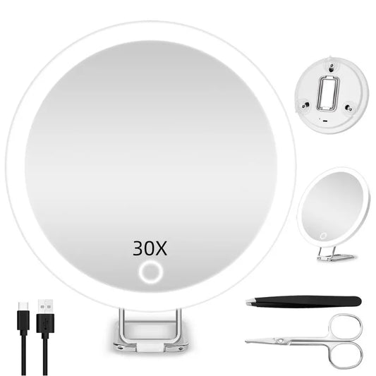 6 Inch Magnifying Mirror with Light - 5-30X Portable Travel Mirror with 360° Adjustable Stand and Suction Cup