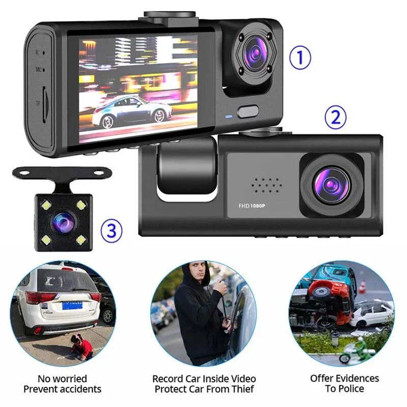 1080P Dash Cam with IR Night Vision, Loop Recording, and 2" IPS Screen - Triple Camera System