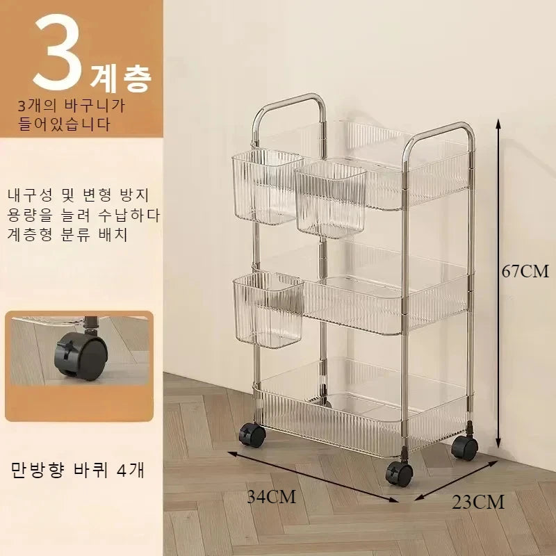 Acrylic Rolling Cart with Hanging Basket - Multi-Layer Transparent Bathroom, Makeup, and Snack Organizer, Movable Storage Rack