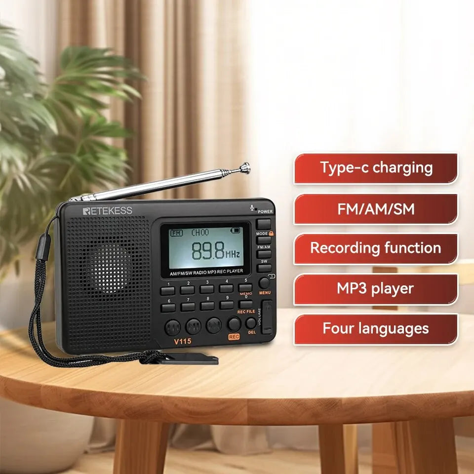 RETEKESS V115 Portable Radio: FM AM SW Rechargeable Shortwave Radio with USB Recorder - Batteries Included, Speaker for Elders