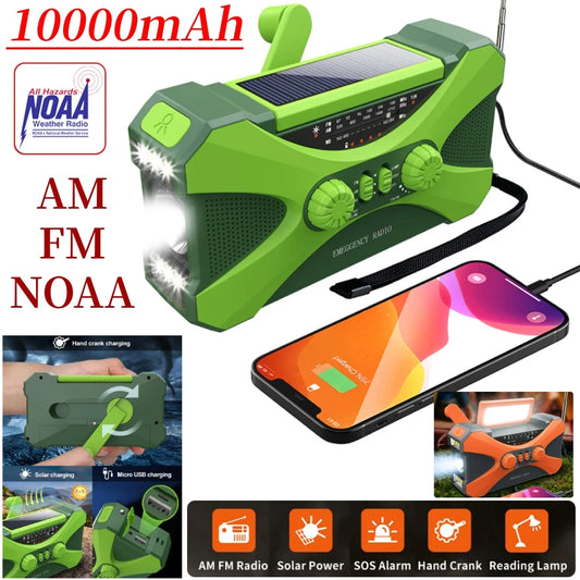 10000mAh Multifunctional Emergency Radio - Hand Crank & Solar Powered, USB Charging, FM/AM/WB/NOAA, with LED Flashlight and Power Torch