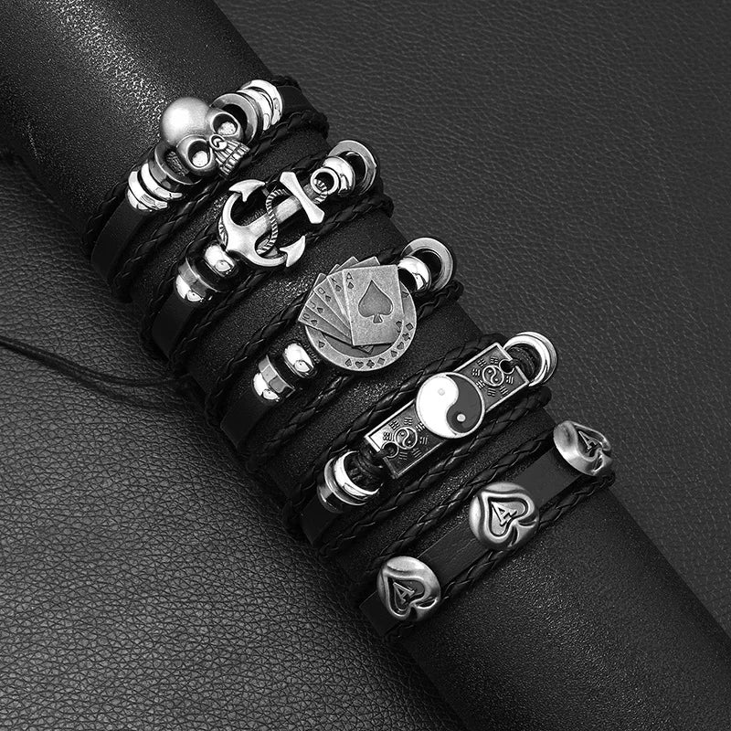 Fashion Black Skull Multi-Layer Beaded Leather Bracelet Set for Men - Adjustable DIY Winding Rope