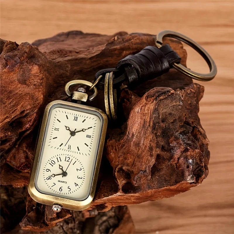 Bronze Square Keychain Pocket Watch - Retro Double Time Quartz Movement, Antique Style Pendant without Cover