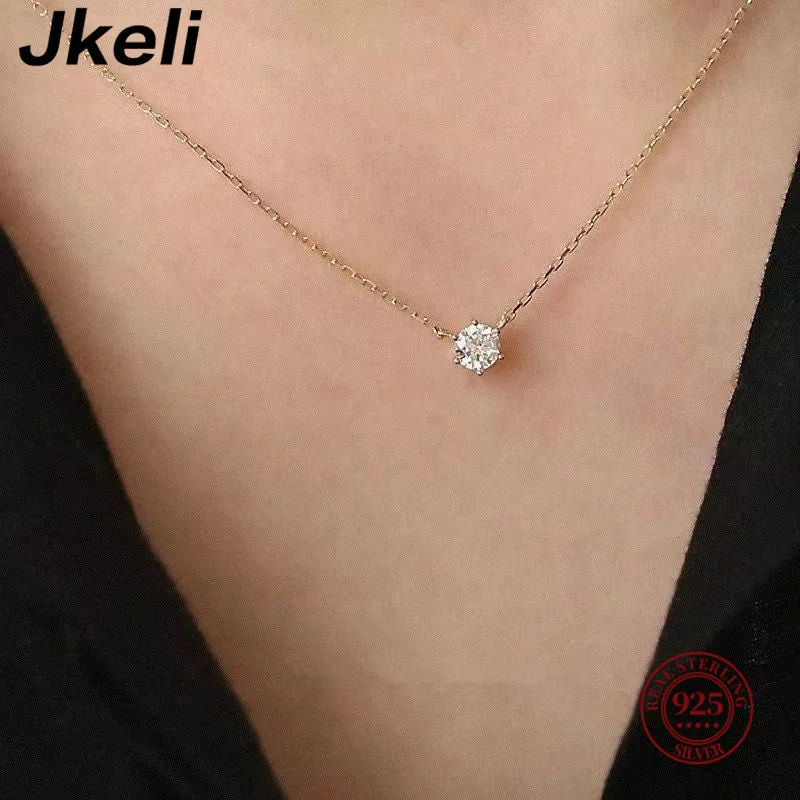 Jkeli 925 Sterling Silver Necklace - 18k Gold Plated with Single Sparkling Zircon, Women's Clavicle Chain for Weddings