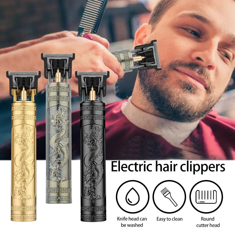 Premium Rechargeable Vintage T9 Electric Hair Clipper for Men - Professional Barber Trimmer with Dragon Buddha Design