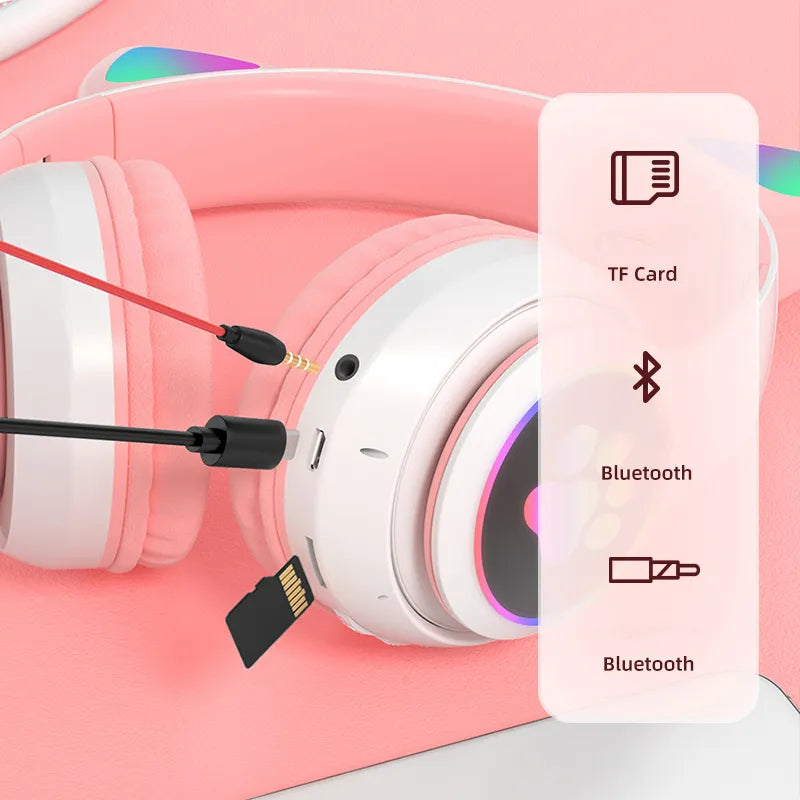 Cute Cat Ears Headphone Bluetooth 5.0 Stereo with Mic - Wireless Kids Girl Earphone with Flash Lamp, TF Card Support - Perfect Birthday Gift