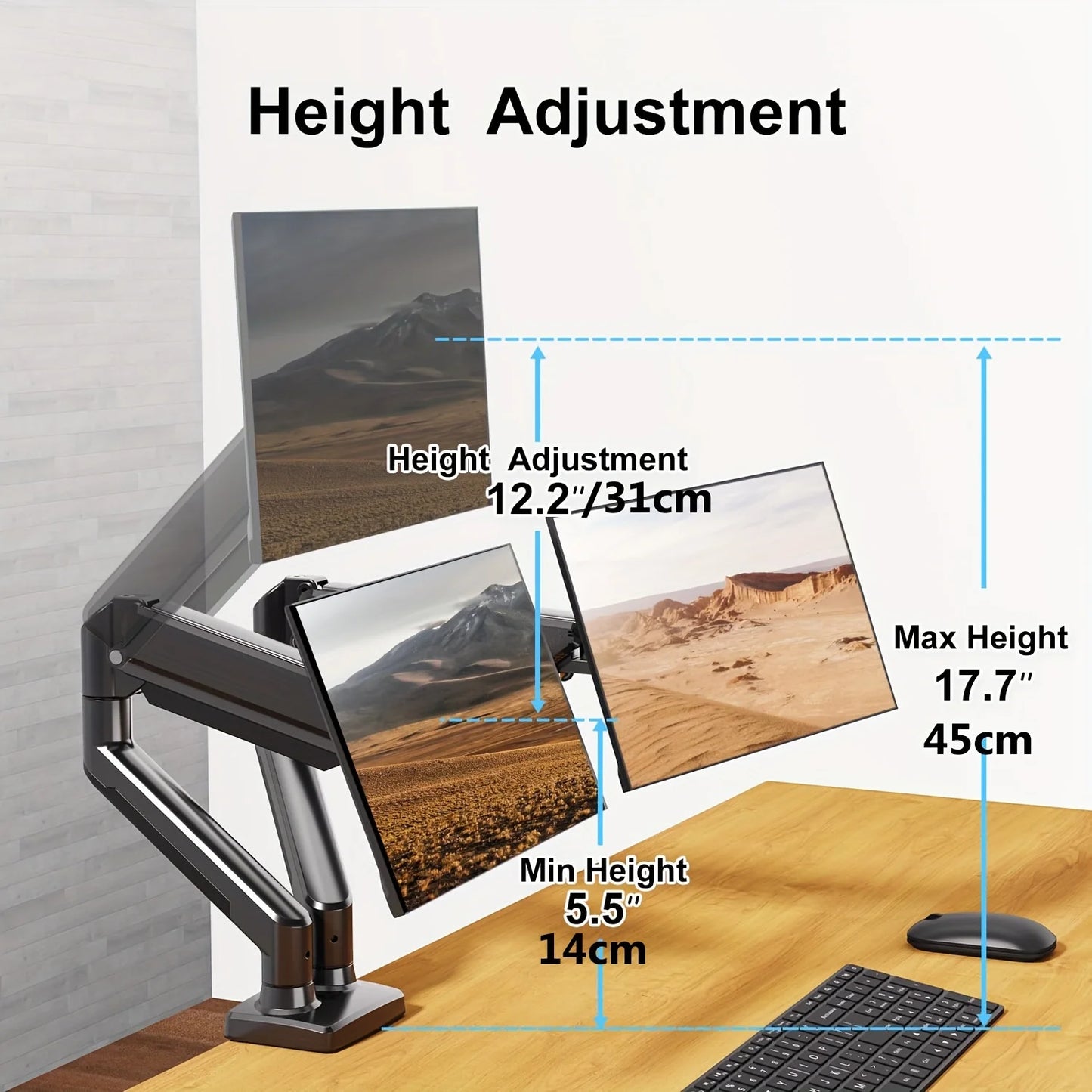 Adjustable Gas Spring Dual Monitor Stand for 13-32 inch Screens - Full Motion Dual Monitor Mount Arm