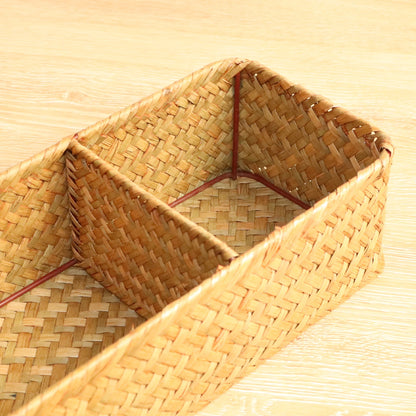 Hand Woven Storage Baskets with Lid - Rectangular Dust-Proof Clothing Storage Box, 3-Grid Wardrobe Container for Sundries Organizer