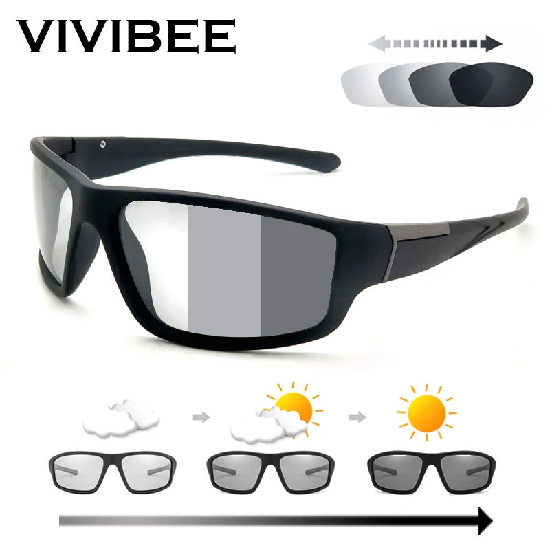 VIVIBEE Men’s Photochromic Sunglasses – Black Sports Goggles with Color-Changing Polarized Lenses – 2024 Discoloration Sun Glasses