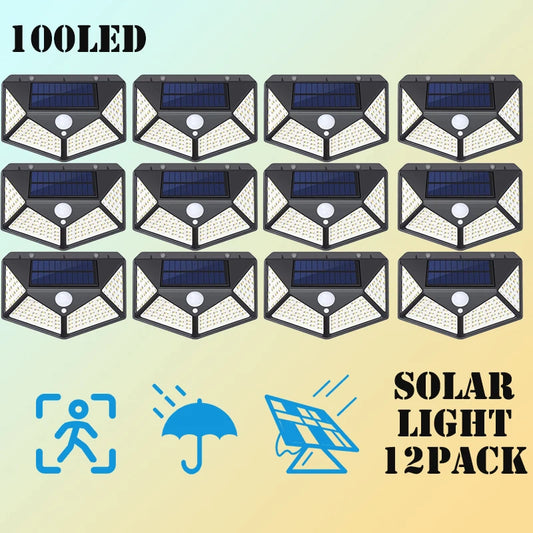 12 Pack Solar Outdoor Lights – 100 LED Wall Lamps with Motion Sensor, 270° Lighting Angle for Backyard and Garden