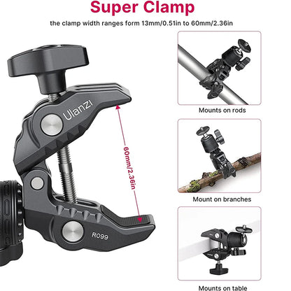 Ulanzi R099 Super Clamp with 360° Mini Ball Head - Quick Release Bracket Tripod Mount for DSLR Camera and GoPro, 1/4 Screw Clip