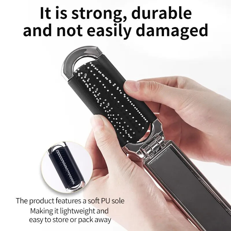 Electroplated Folding Airbag Comb | Portable Massage Comb with Removable Makeup Mirror | Women's Special 2-in-1 Hair Care Tool