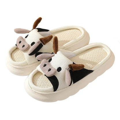 Hot Sale Milk Cow Linen Slippers for Women & Men: Cartoon Indoor Sandals - Cute Breathable Home Shoes for Couples