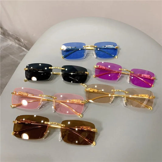 Vintage Rimless Cut Edge Sunglasses: Fashion Designer Shades with Luxury Golden Leopard Frame - UV400 Protection