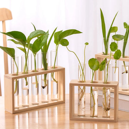 Wooden Frame Hydroponic Plants Container - Transparent Glass Test Tube Vase for Home Tabletop Bonsai Decor - Unique Crafts & Decorations