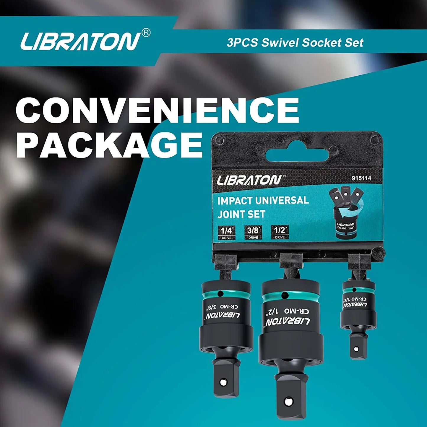 Libraton Swivel Socket Set - Impact Grade Universal Joint with Wobble Socket - 1/4", 3/8", 1/2" Drive - Made of Cr-Mo Steel