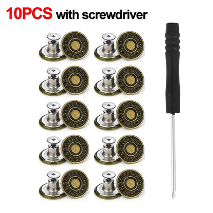 10Pcs Metal Jeans Buttons - 17mm No-Sewing Screw Replacement, Nailless Removable Jean Buckles and Repair Kit for Clothing