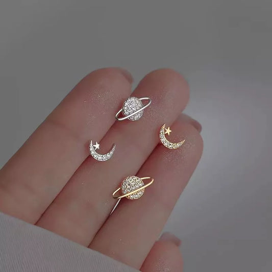 Simple Star Moon Zircon Piercing Stud Earrings - 925 Silver Needles, Tragus Cartilage Asymmetry Pendiente, Fine Women's Jewelry