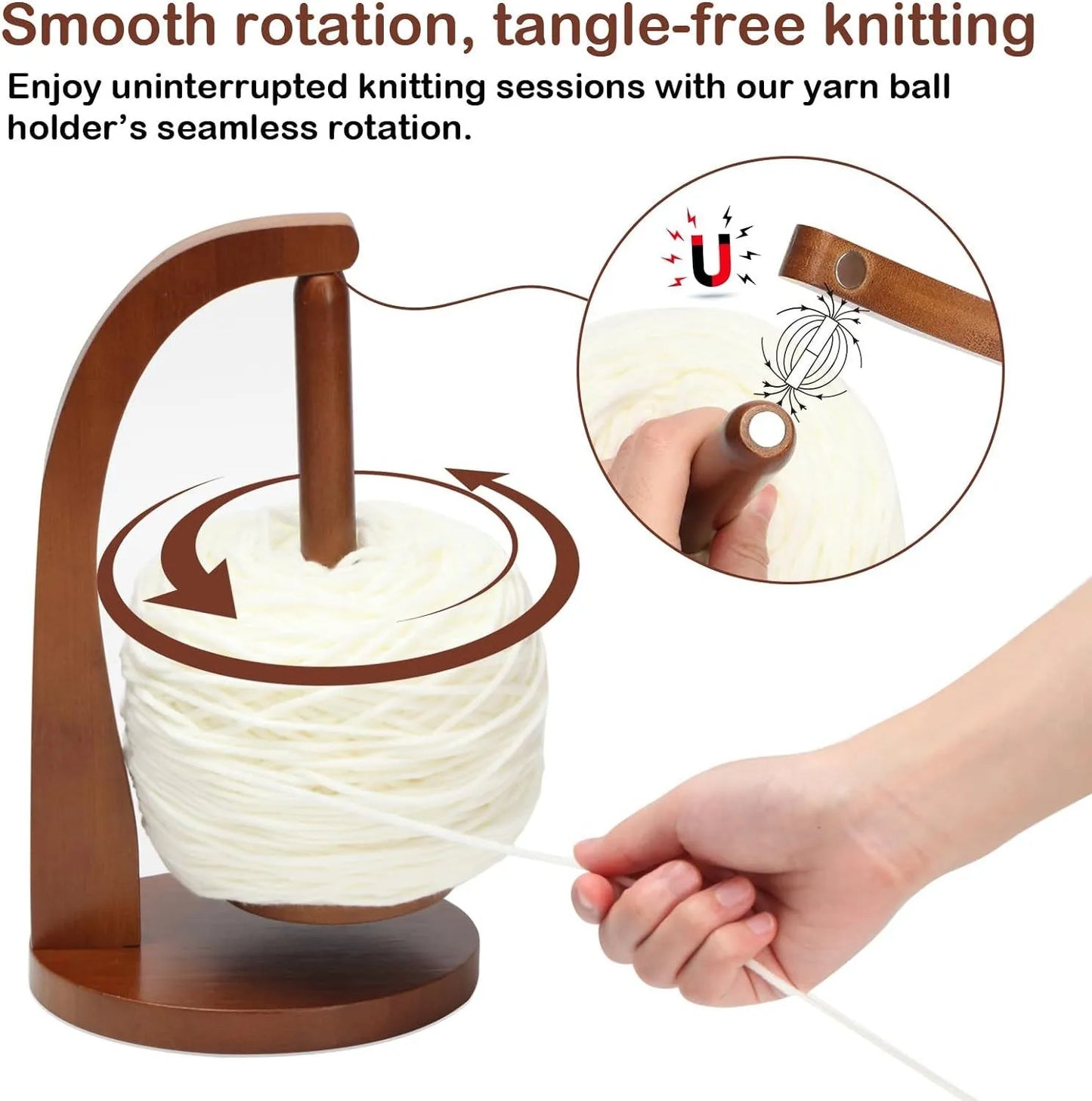 360° Rotation Wooden Yarn Holder: Spinning Knitting Tools - Crochet Holder with Rotating Magnetic Thread Spool, Wool Ball Winder