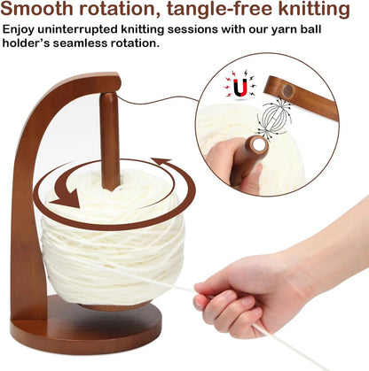 360° Rotation Wooden Yarn Holder: Spinning Knitting Tools - Crochet Holder with Rotating Magnetic Thread Spool, Wool Ball Winder