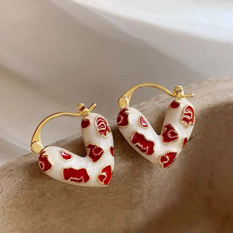 2024 Trendy Red Dripping Oil Heart Hoop Earrings for Women and Girls – Korean Elegant Love Dangle Jewelry Gift