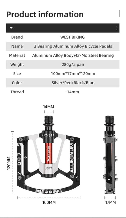 WEST BIKING 3-Bearing Bicycle Pedals - CNC Aluminum Alloy, Anti-Slip, Wide for MTB and Road Bikes - Professional Cycling Accessories