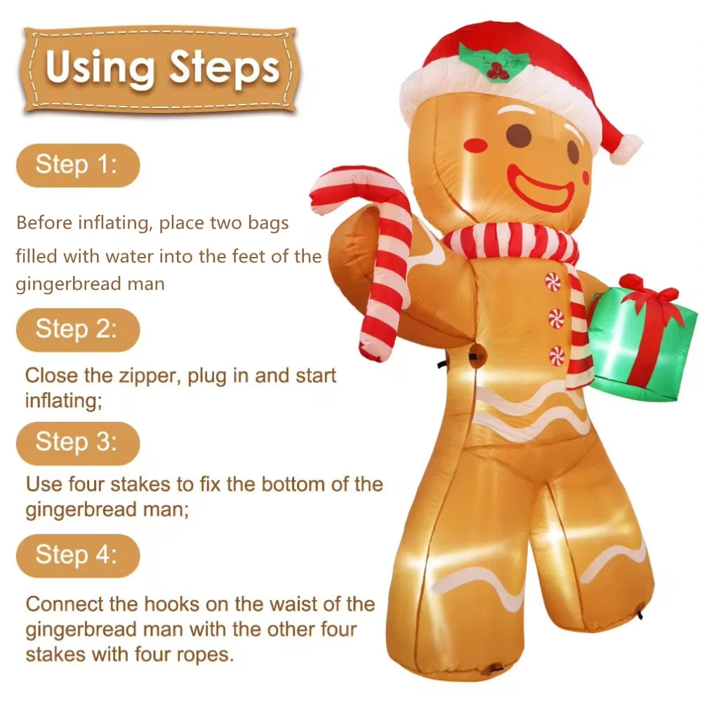 8FT Gingerbread Man Christmas Inflatable with Gift Pack - 2.4M Outdoor Xmas Yard Decoration with LED Lights for Lawn